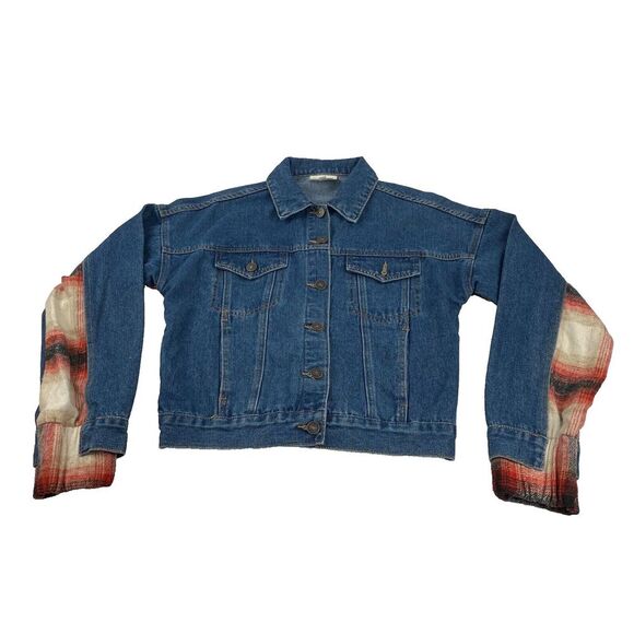 BKE Jacket‎ Women Sz XS Relaxed Jean and plaid flannel Boho Trucker outdoor Blue - Picture 1 of 15